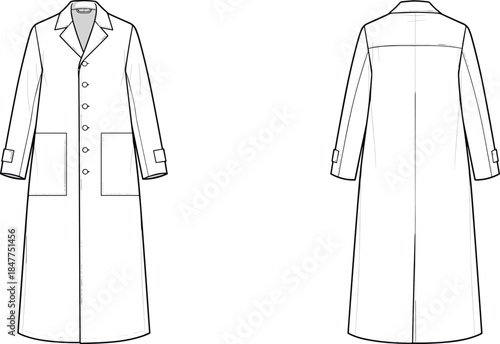 Women’s long single-breasted coat technical fashion drawing with notch lapel, patch pockets, front and back views