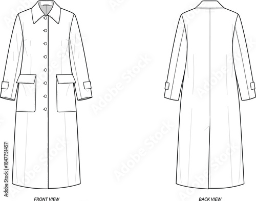 Women’s long button-front coat technical fashion drawing with collar, patch pockets, front and back views