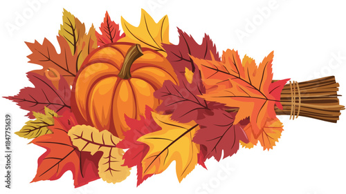 A vibrant autumn scene featuring a pumpkin surrounded by colorful fall leaves and a bundle of wheat stalks