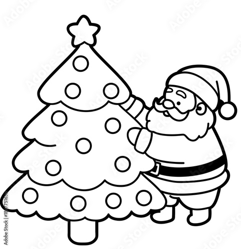 Santa Claus Decorating Christmas Tree, Black and White Christmas Line Art Illustration