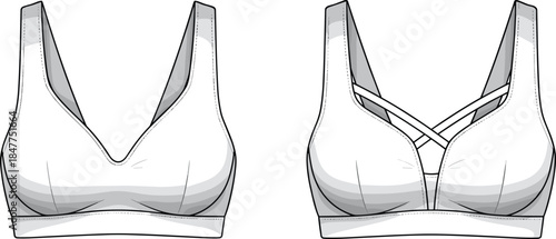 Women’s seamless bralette technical fashion illustration with plunge neckline and crisscross back straps, front views