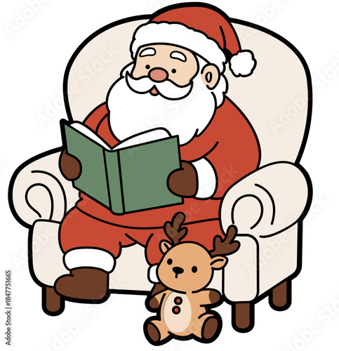 Cute Santa Claus Reading a Book on Armchair, Cozy Christmas Cartoon Clip Art