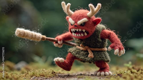 Fierce Red Monster with Horns and Club in a Forest Setting.