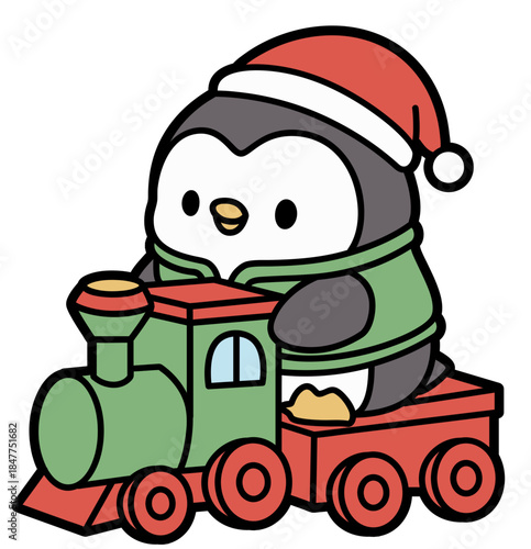 Cute Penguin Riding Christmas Train with Gifts, Winter Cartoon Clip Art