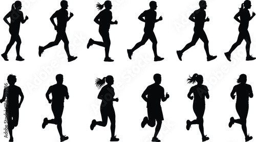 Running,people,fitness,silhouette,collection,jogging,men,women,athletes,exercise,training,marathon,sport,activity,health,cardio,motion,action,outline,black,isolated,white,background,vector