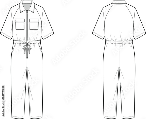 Women’s utility jumpsuit technical fashion drawing with short sleeves, drawstring waist, front and back views