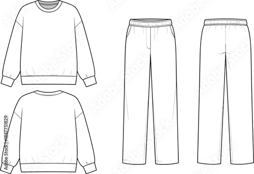 Women’s sweatshirt and elastic waist pants technical fashion illustration front and back views