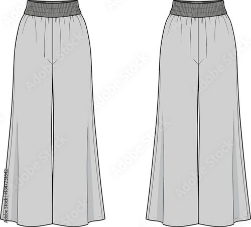 Women’s wide-leg trousers technical fashion drawing with elastic waistband, flowing silhouette, front and back views