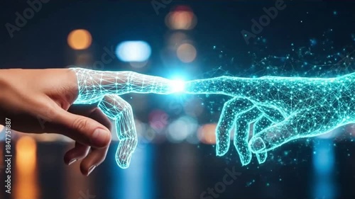 Two hands, one rendered in glowing digital form, reaching towards each other with city lights in the background, representing technology and connection