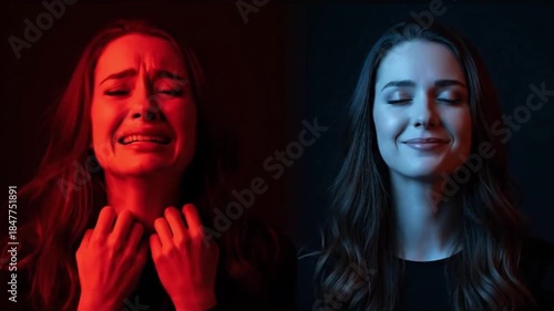 The emotive journey shows woman's dual aspects, from intense sorrow to calm serenity, reflecting inner conflict, transformation, peace, and acceptance