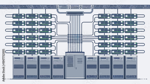 Illustration of a complex network server system with multiple connected servers and data lines