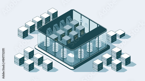 3d illustration of a modern office building with multiple floors and cubicles, surrounded by smaller cubes, representing a corporate workspace