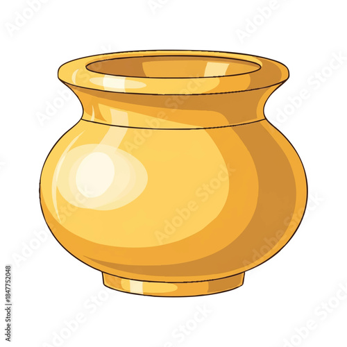 Illustration of a shiny golden vase with a wide mouth and rounded body on a white background.