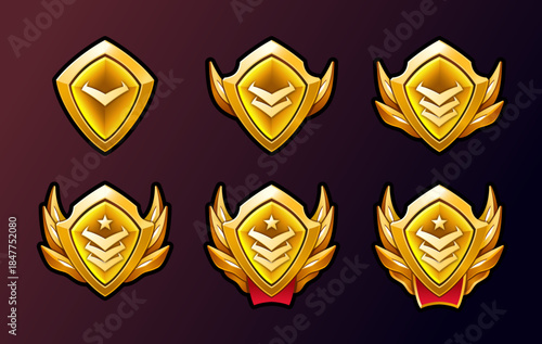 Rank level gold badges bundle. Yellow color. Ribbon and wings. High quality illustrations. Perfect for games evolution.