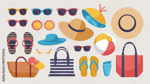 Colorful summer beach accessories including sunglasses, hats, sandals, and beach bags