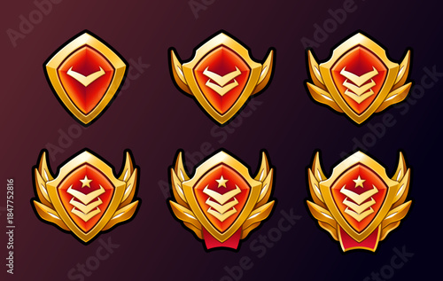 Rank level patent golden badges bundle. Ribbon and wings. High quality illustrations. Perfect for games achievements.
