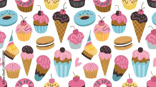 Colorful assortment of desserts including ice cream, cupcakes, donuts, and cakes on a