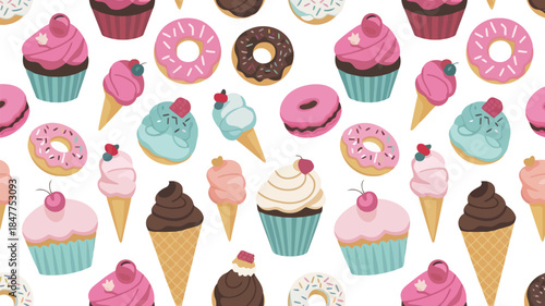 Assorted colorful pastries and desserts including cupcakes, donuts, and ice cream cones on a