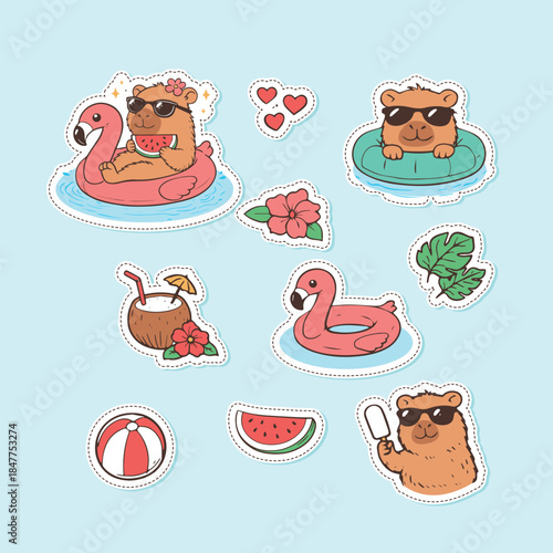 Cute Capybara Summer Sticker Set with Flamingo and Tropical Elements