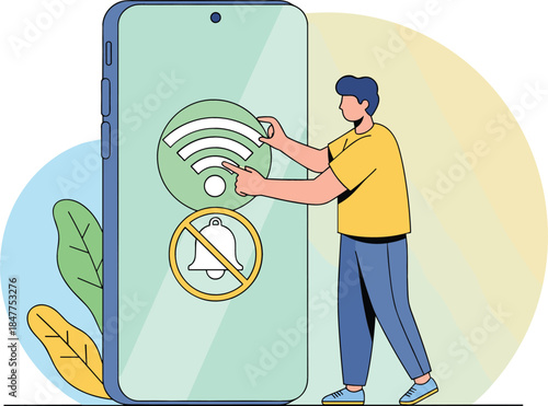 Digital Detox and Wi-Fi Disconnection Concept: Man Turning Off Notifications and Adjusting the Wireless Signal on a Smartphone for Peace and Focus.
