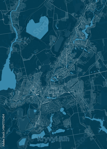 map of Kryvyi Rih, Ukraine, rendered in shades of blue. The map highlights the city's layout, including streets, buildings, and natural features such as lakes and rivers.