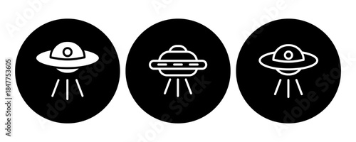 A minimalist set of three black and white icons depicting different designs of unidentified flying objects