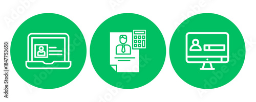 A set of business and financial management icons representing digital processes and user access