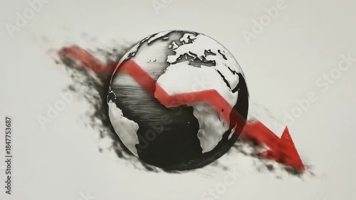 Black-and-white globe pierced by red falling arrow