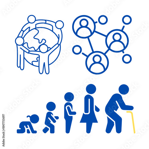 Human lifecycle, social network, and global community concept icons