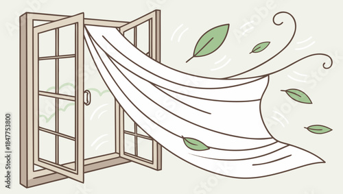 Open window with blowing curtain and falling leaves