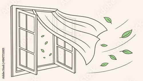 Window with breeze and blowing curtain