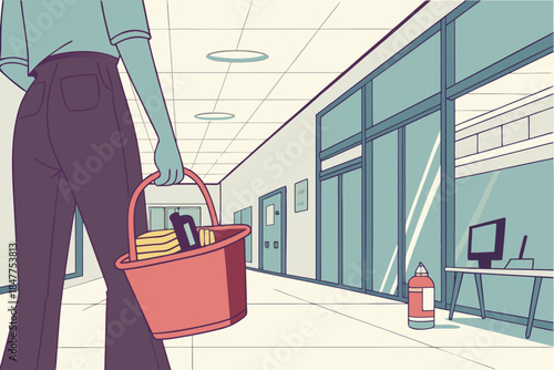 Woman Cleaning Corridor with a Basket Containing Supplies