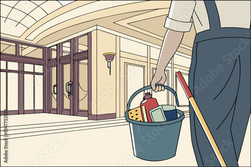 Janitor with bucket and mop standing by the entrance door
