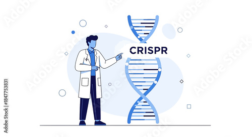 Illustration showcasing CRISPR gene editing technology with a doctor and DNA structure