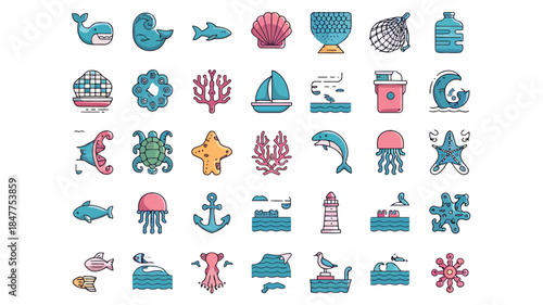Colorful vector icons of marine life, boats, and beach items including fish, dolphins, anchors, and seashells