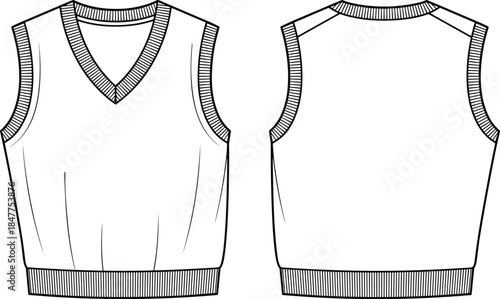 Knit vest vector illustration, sleeveless sweater technical drawing, fashion flat sketch, front and back view, v-neck apparel design template, white