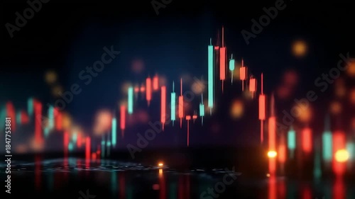 Neon candlestick chart glowing over wet surface...