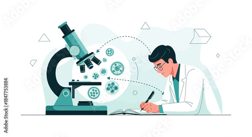 Illustrative depiction of a scientist conducting scientific research using a microscope and taking