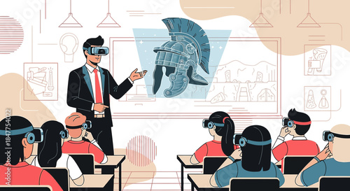Immersive classroom environment demonstrating virtual reality learning experience with history