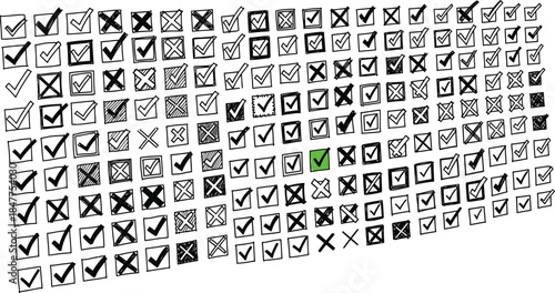 Hand drawn checklist of various checkmarks and crosses with one bright green selection highlighting success