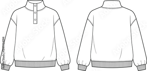 Oversized sweatshirt technical flat sketch, front and back view, mock neck pullover with button placket, drop shoulder vector illustration.