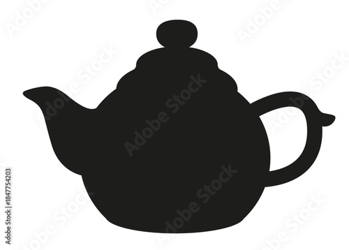 Silhouette of a classic teapot with lid and handle. Flat black vector illustration for kitchen design, tea packaging or vintage-themed prints.
