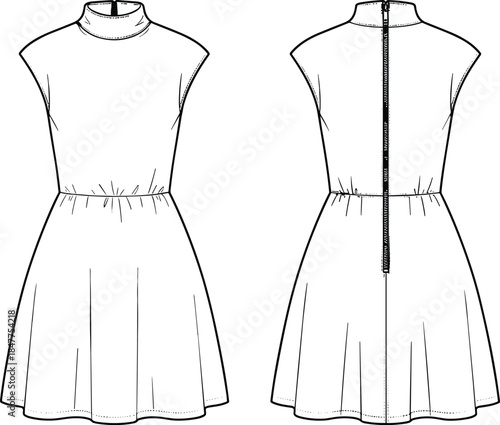 Technical fashion flat sketch of a sleeveless mock neck skater dress with cinched elastic waist and back zipper closure vector