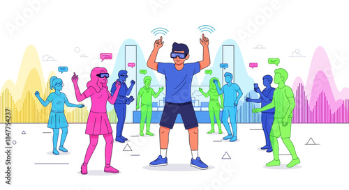 Immersive virtual reality experience with diverse participants engaging in digital interactions,