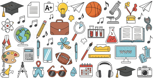 Seamless pattern featuring diverse educational and school supplies icons for learning and knowledge concepts