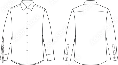 Technical fashion flat sketch of a men's long sleeve button down formal dress shirt with collar and back yoke vector