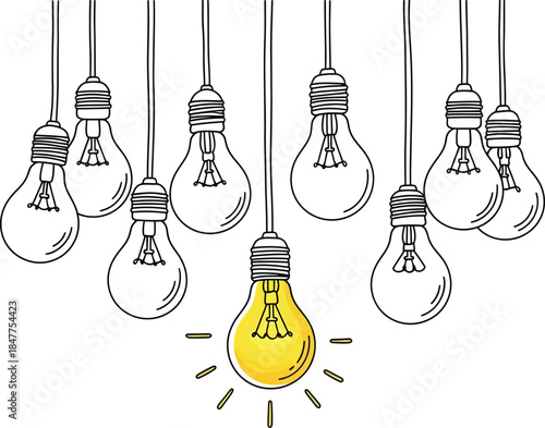 Hanging light bulbs illustration with one glowing yellow bulb symbolizing innovation and bright new ideas