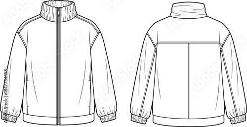 Zip up jacket vector illustration, technical drawing fashion flat sketch, front and back view, sportswear apparel design template, high collar