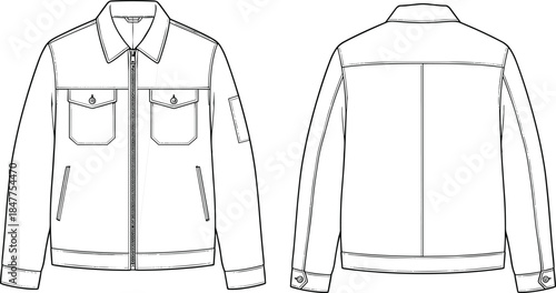 Zip up jacket vector illustration, technical drawing fashion flat sketch, front and back view, casual workwear apparel design template, pockets