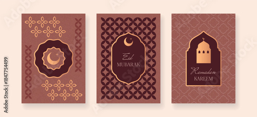 Set of Eid Mubarak and Ramadan Kareem greeting cards with geometric ornaments, mosque silhouette and crescent moon in arabesque frames. Vector illustration for holiday celebration, banners, poster and